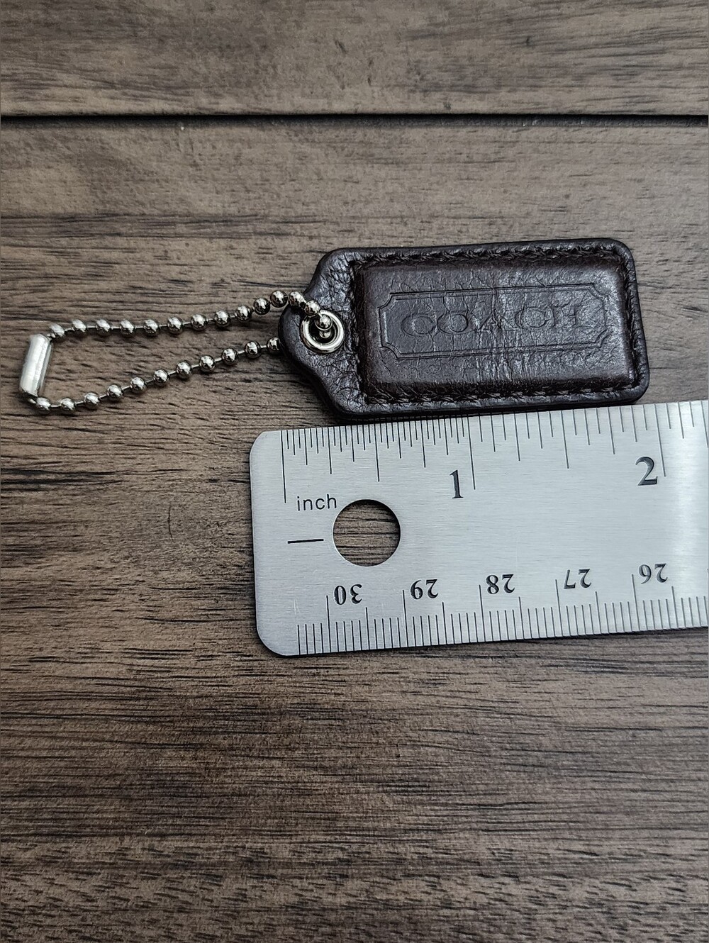 Coach Dark Brown Leather Hang Tag with Silver Ball Chain